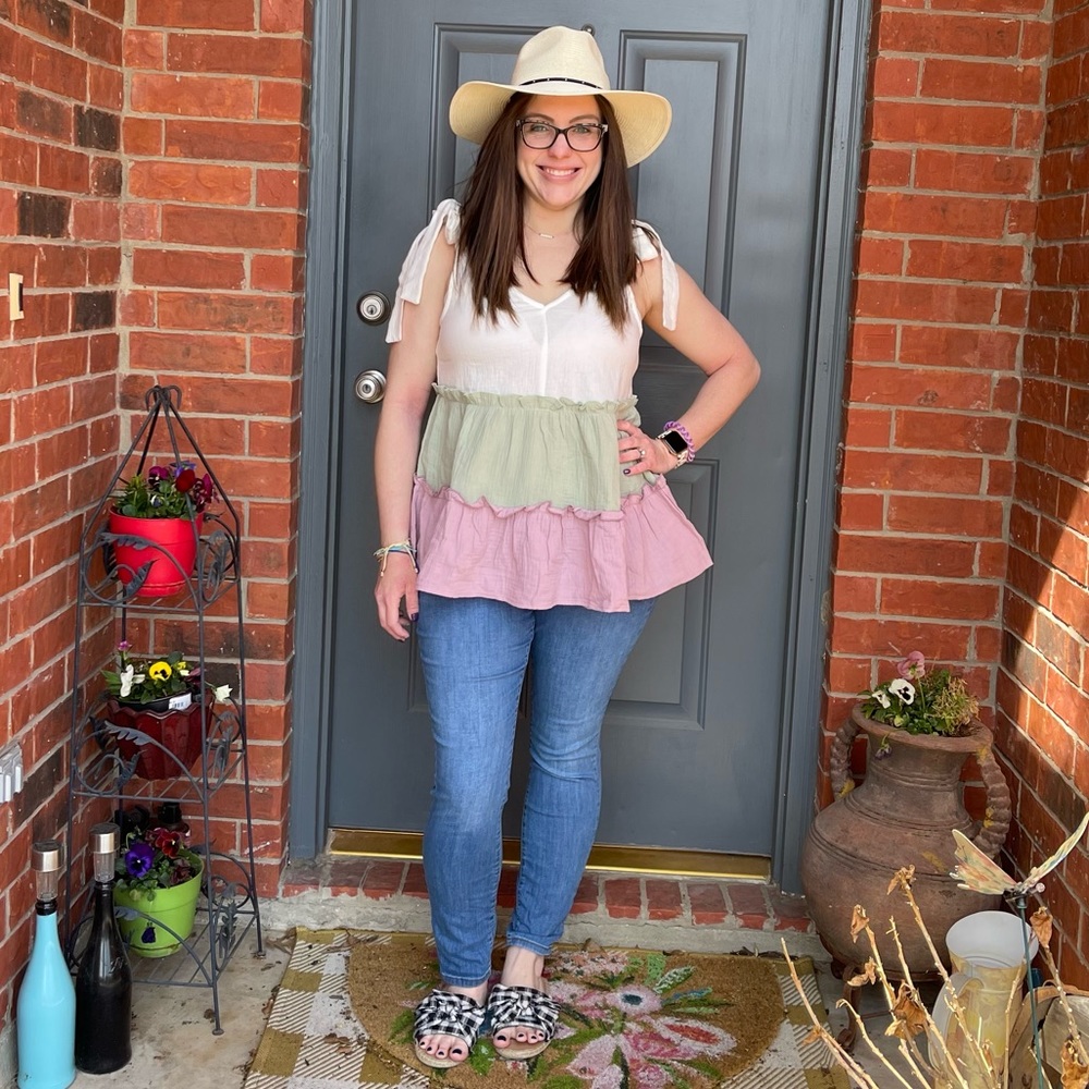 Pastel Ruffle Tiered Color Block Sage Lavender V Neck Babydoll Bow Strap Top